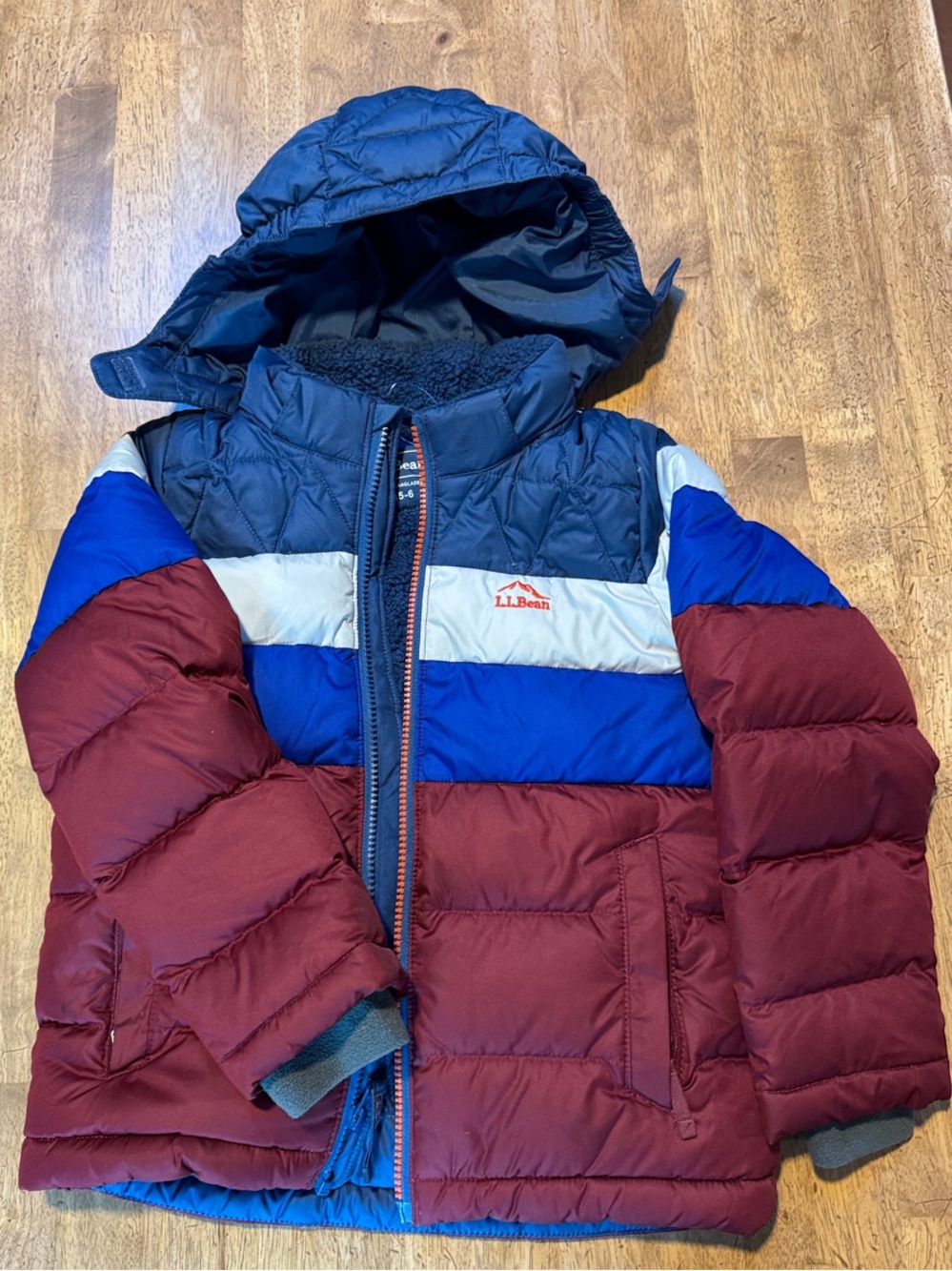 L.L. Bean Kids Colorblock Hooded Puffer Jacket - Navy, Blue, Burgundy & Cream